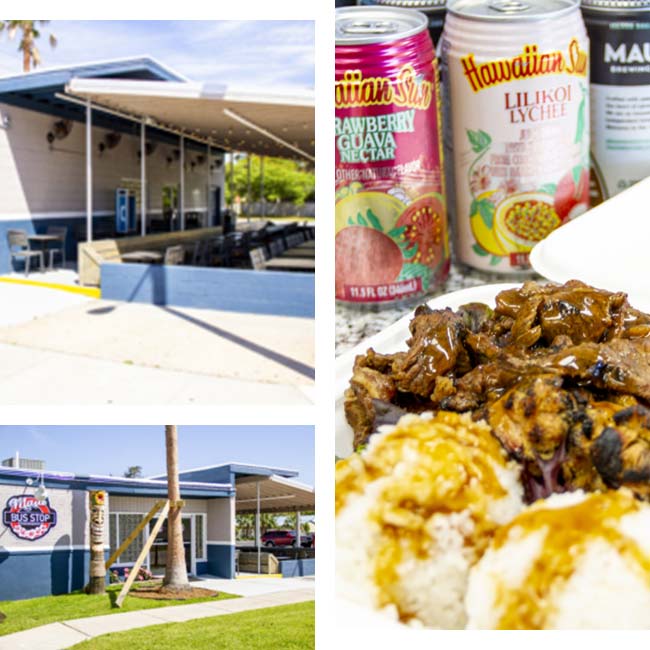 Hawaiian BBQ plates and outdoor dining area at Maui Bus Stop Fort Walton Beach restaurant and bar Hawaiian BBQ plates and outdoor dining area at Maui Bus Stop Fort Walton Beach restaurant and bar