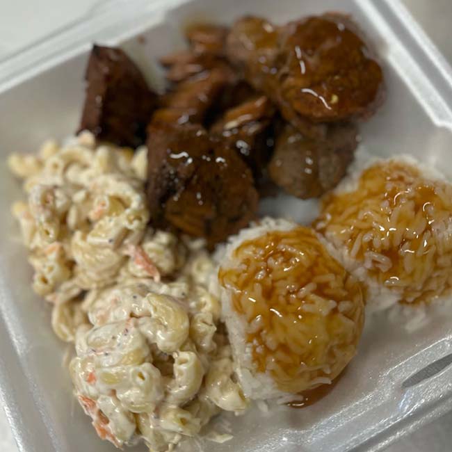 Hawaiian BBQ steak plates served at Maui Bus Stop Fort Walton Beach restaurant and bar