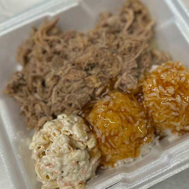 Hawaiian BBQ pulled pork plates served at Maui Bus Stop Fort Walton Beach restaurant and bar